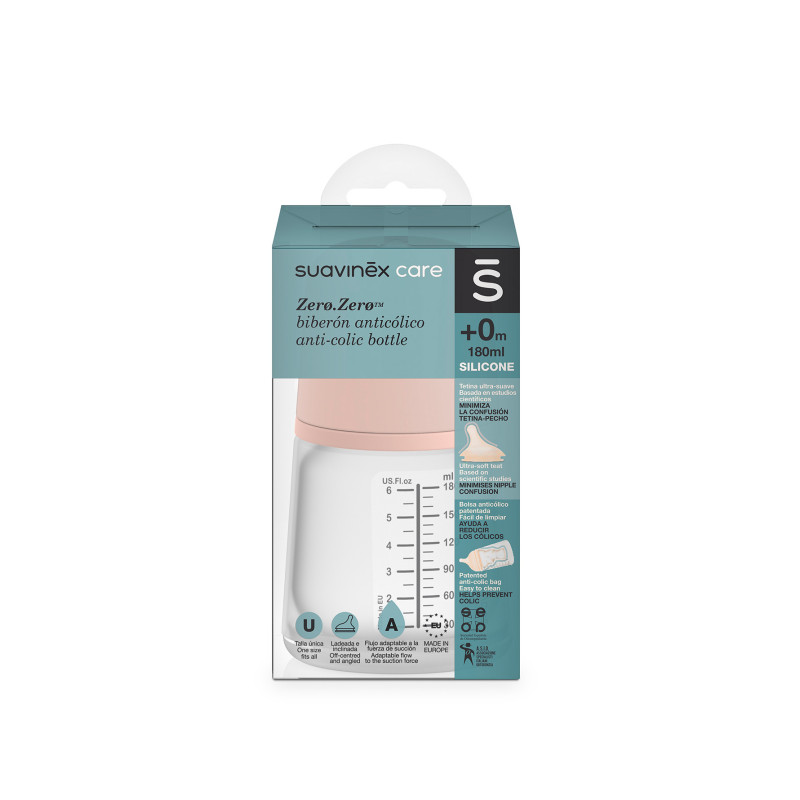 Biberon anticolici 180 ml, tetină din silicon, debit variabil, +0 luni, Suavinex