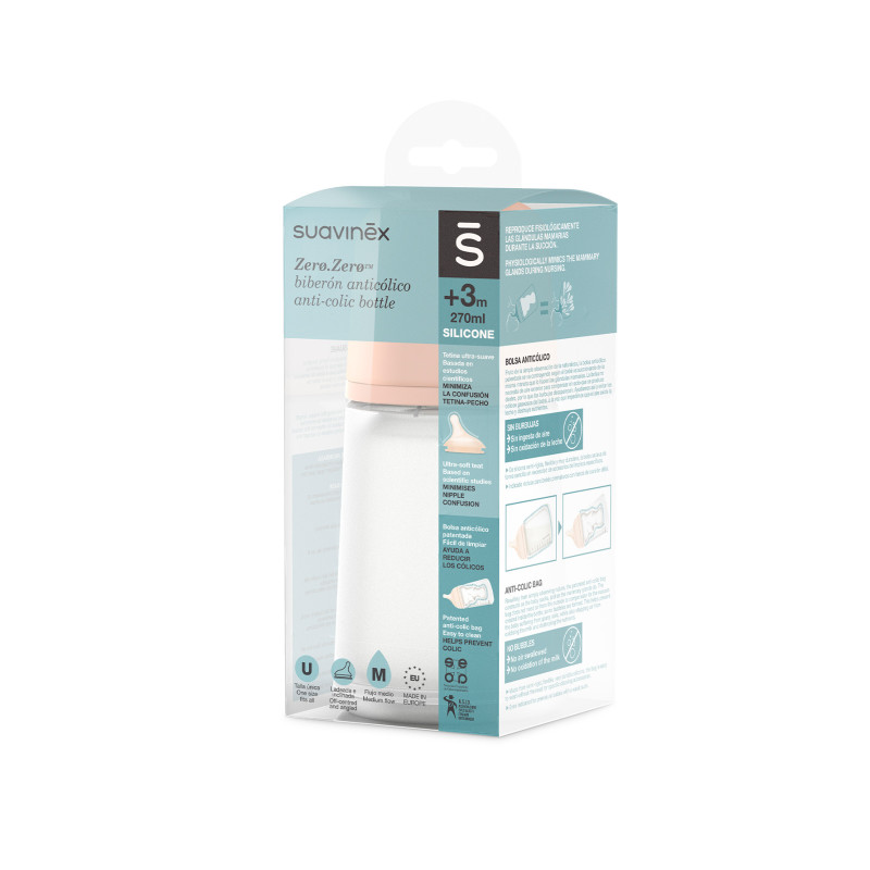 Biberon anticolici 270 ml, tetină din silicon, debit mediu, +3 luni, Suavinex