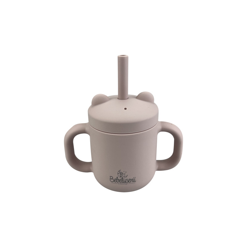 Pahar cu mânere și pai din silicon, 120ml - Roz Pudră
