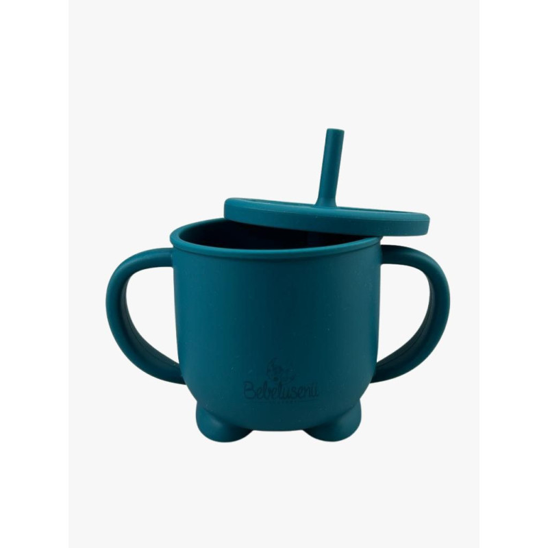 Pahar cu mânere și pai din silicon - Ocean Blue
