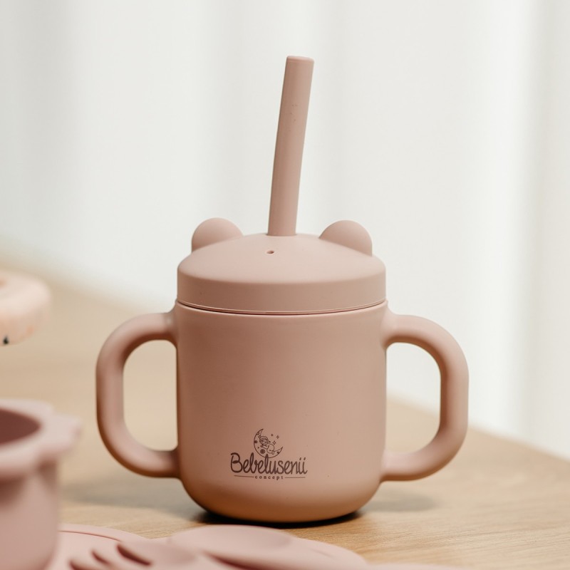 Pahar cu mânere și pai din silicon, 120ml - Roz Pudră