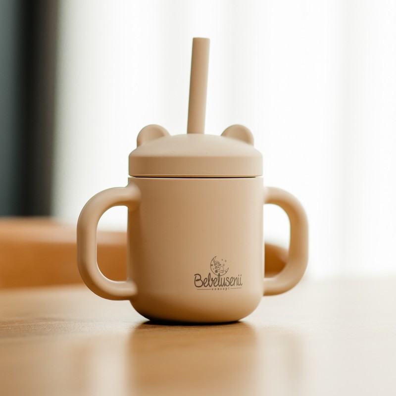 Pahar cu mânere și pai din silicon, 120ml - Crem